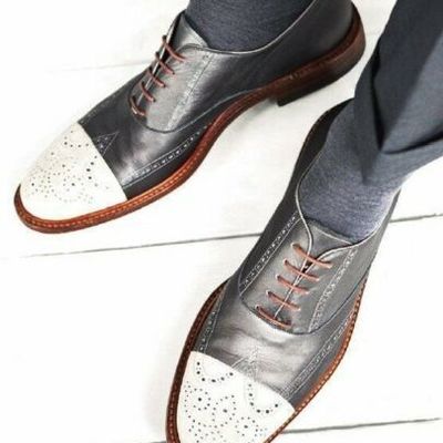 New handmade two tone black & white real leather brogue shoes, men leather shoe