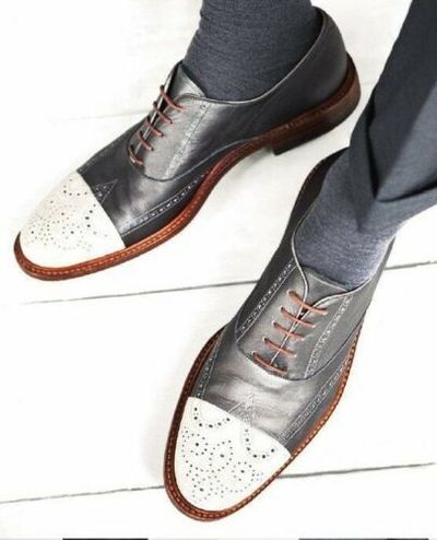 New Handmade Two Tone Black & White Real Leather Brogue Shoes, Men leather Shoe