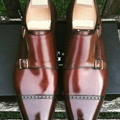 Handmade brown monk strap shoes, men good year welted sole shoes, dress shoes