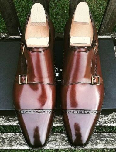 Handmade Brown monk strap shoes, men good year welted sole shoes, dress shoes