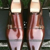 Handmade Brown monk strap shoes, men good year welted sole shoes, dress shoes - Thumbnail 1