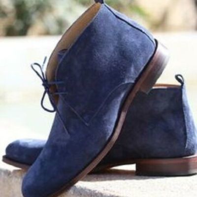 Handmade men’s suede blue color lace up boots leather chukka boots - Thumbnail 5