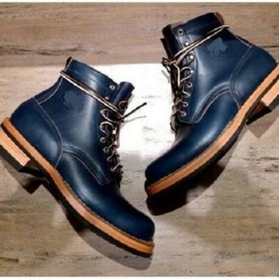 Handmade navy blue dress boots men lace up combat boots, leather formal boot men - Thumbnail 5