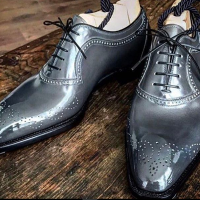 Handmade men brogue gray leather formal shoes, men designer oxford dress shoes