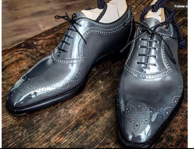 Handmade Men brogue Gray Leather Formal Shoes, Men Designer Oxford Dress shoes