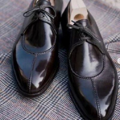 Handmade men's leather two tone wing tip oxfords black lace up formal shoes