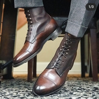 Handmade Brown Ankle Cap Toe Leather & Pebbled Leather Men's Boot  - Thumbnail 1