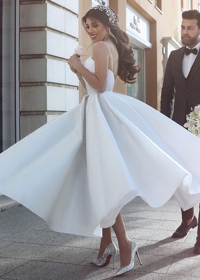 Spaghetti Straps Ankle Length Wedding Dresses Bridal Gowns