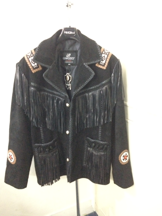 Men's New Western Black Suede Leather Jacket Fringes Beads
