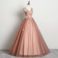 A line tulle applique long prom dress evening dress - Thumbnail 1