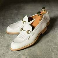 Handmade men's white leather slip on loafers men's white leather formal shoes - Thumbnail 1