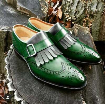 Men's handmade leather brogue wingtip shoes green grey brogue wingtip monk Shoes