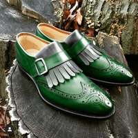 Men's handmade leather brogue wingtip shoes green grey brogue wingtip monk Shoes - Thumbnail 4