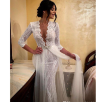 Elegant Bohemain Mermaid Wedding Dresses Deep V Neck Illusion Lace Bridal Gowns Long Sleeves Beach Wedding Dress Custom Plus Size - Thumbnail 3