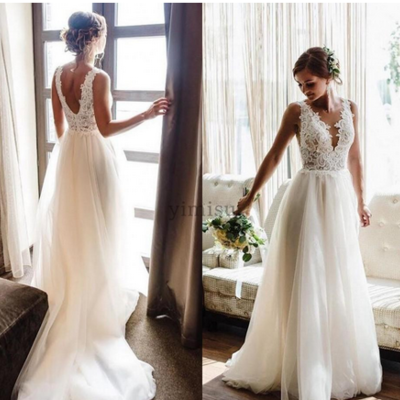 Country wedding dresses v neck backless sweep train appliques beads garden beach boho bridal gowns vestidos de novia plus size