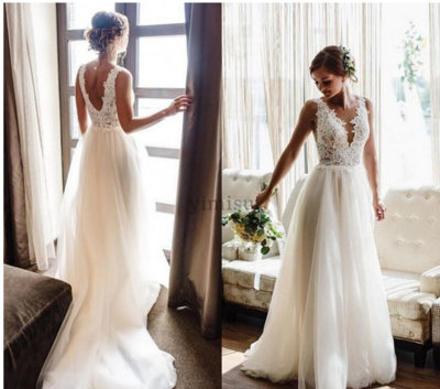 Country Wedding Dresses V Neck Backless Sweep Train Appliques Beads Garden Beach Boho Bridal Gowns vestidos de novia Plus Size