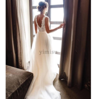 Country Wedding Dresses V Neck Backless Sweep Train Appliques Beads Garden Beach Boho Bridal Gowns vestidos de novia Plus Size - Thumbnail 1