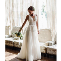 Country Wedding Dresses V Neck Backless Sweep Train Appliques Beads Garden Beach Boho Bridal Gowns vestidos de novia Plus Size - Thumbnail 4