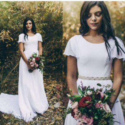 Simple a-line chiffon modest wedding dresses with flutter sleeves scoop neck detachable crystals belt boho modest bridal gowns
