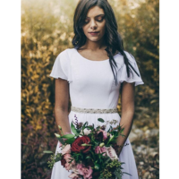 Simple A-line Chiffon Modest Wedding Dresses With Flutter Sleeves Scoop Neck Detachable Crystals Belt Boho Modest Bridal Gowns - Thumbnail 2