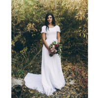 Simple A-line Chiffon Modest Wedding Dresses With Flutter Sleeves Scoop Neck Detachable Crystals Belt Boho Modest Bridal Gowns - Thumbnail 3