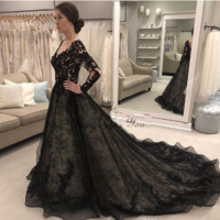 Black Gothic Wedding Dresses Long Sleeve V Neck Backless Sweep Train Lace Illusion Bodice Garden Country Chapel Bridal Gowns - Thumbnail 1