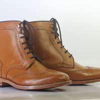 Handmade Tan Ankle Wing Tip Brogue Lace Up Boot Leather Men's Boot  - Thumbnail 1