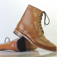 Handmade Tan Ankle Wing Tip Brogue Lace Up Boot Leather Men's Boot  - Thumbnail 2