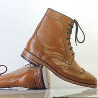 Handmade Tan Ankle Wing Tip Brogue Lace Up Boot Leather Men's Boot  - Thumbnail 3