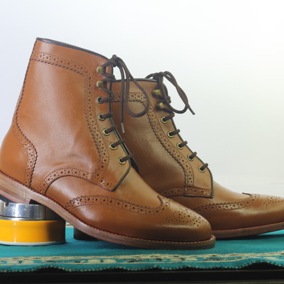 Handmade tan ankle wing tip brogue lace up boot leather men's boot  - Thumbnail 2