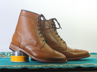 Handmade Tan Ankle Wing Tip Brogue Lace Up Boot Leather Men's Boot 