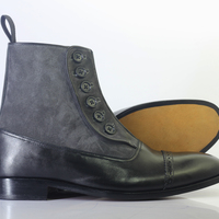 Handmade Black & Gray Ankle Cap Toe Button Top Boot Leather Suede Men's Boot  - Thumbnail 3