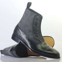 Handmade Black & Gray Ankle Cap Toe Button Top Boot Leather Suede Men's Boot  - Thumbnail 1