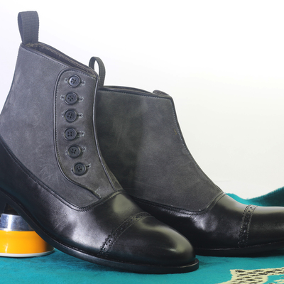 Handmade black & gray ankle cap toe button top boot leather suede men's boot  - Thumbnail 2