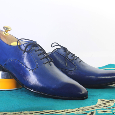 Handmade blue pointed toe lace up leather shoes for men's - Thumbnail 3