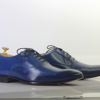 Handmade Blue Pointed Toe Lace Up Leather Shoes For Men's - Thumbnail 2