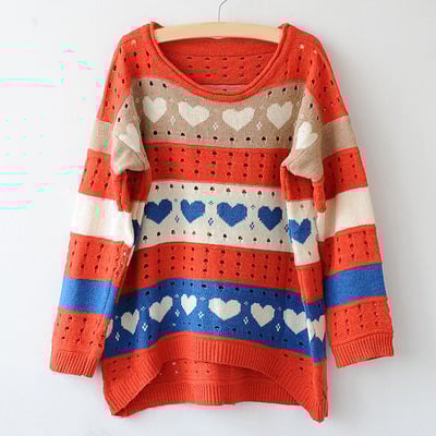Long sleeve scoop neck hearts sweater (blue, pink, orange, white)