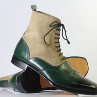 Handmade Men's Ankle High Green & Beige Wing Tip Leather Suede Lace Up Boot - Thumbnail 1