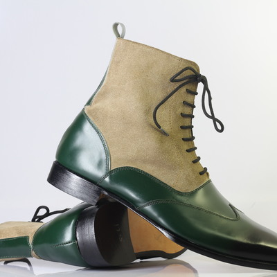 Handmade men's ankle high green & beige wing tip leather suede lace up boot - Thumbnail 3