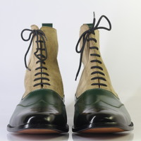 Handmade Men's Ankle High Green & Beige Wing Tip Leather Suede Lace Up Boot - Thumbnail 3
