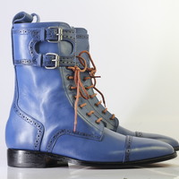 Handmade Men's Ankle High Blue Cap Toe Double Monk Lace Up Leather Boot - Thumbnail 1