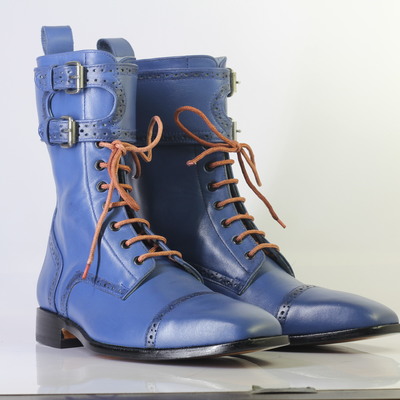 Handmade men's ankle high blue cap toe double monk lace up leather boot - Thumbnail 3