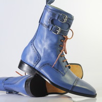 Handmade Men's Ankle High Blue Cap Toe Double Monk Lace Up Leather Boot - Thumbnail 2