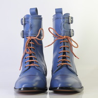 Handmade Men's Ankle High Blue Cap Toe Double Monk Lace Up Leather Boot - Thumbnail 3