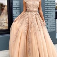 Elegant Long Prom Dresses with Appliques Waist with Beaded - Thumbnail 1