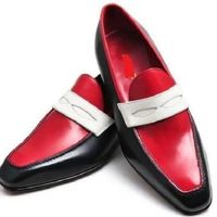 Handmade Men’s Leather Penny Loafers Shoes, Men’s Red Black Slip On Moccasin - Thumbnail 3