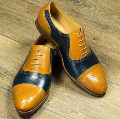 Men's tan brown & blue leather wingtip brogue handmade men's tan leather shoes