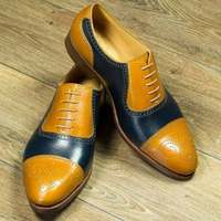 Men's tan brown & blue leather wingtip brogue handmade men's tan leather shoes - Thumbnail 1