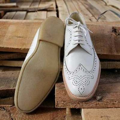 Men's white leather brogue wingtip shoes with crepe sole handmade men white shoe