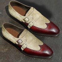 MENS HANDMADE TWO TONE BEIGE BURGUNDY SUEDE LEATHER DOUBLE MONK FORMAL SHOES - Thumbnail 1